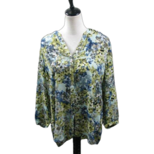 Grace the Perfect Fit Blue/Yellow Floral Long Sleeve Blouse Size Medium